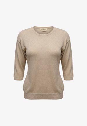 Pull beige en tricot à manches courtes avec encolure ronde et ourlet côtelé ajusté, présenté sur un fond blanc.