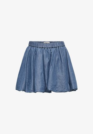 Jupe en denim avec une taille élastique, design évasé et couleur bleu clair. Présente une texture lisse et un tissu froncé.