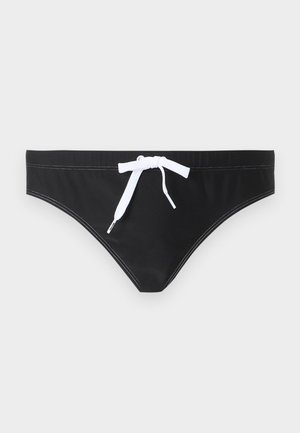 Zwarte zwembroek met witte koord gestrikt aan de voorkant en zichtbare witte stiksels langs de randen.