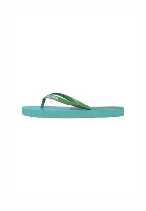 Infradito verdi in gomma con suola testurizzata color teal. Presentano delle cinghie sottili, un design piatto e un logo stampato sulla cinghia.
