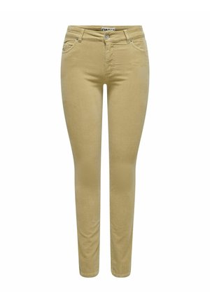 Schmale, beige Baumwollmischungshosen mit Vorderseiten-Taschen und einem Knopfverschluss. Sie weisen eine glatte Textur und subtile Steppdetails auf.