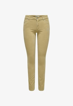 Slim-fit, bež hlače iz bombažne mešanice s sprednjimi žepi in gumbom za zapiranje. Imajo gladko teksturo in subtilne šive.