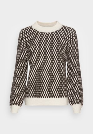 Strickpullover mit einem Rautenmuster in Braun und Creme, mit einem gerippten Rundhalsausschnitt und Bündchen sowie einer leicht lockeren Passform.