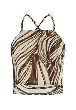 Ärmelloses Crop-Top mit braunem und weißem abstraktem Blättermuster und geflochtenen, überkreuzten Trägern vor weißem Hintergrund.