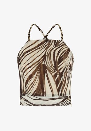 Ärmelloses Crop-Top mit braunem und weißem abstraktem Blättermuster und geflochtenen, überkreuzten Trägern vor weißem Hintergrund.