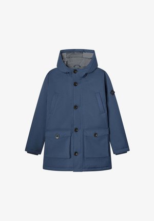 Ναυτικό μπλε αδιάβροχο παρκά με κουκούλα, μπροστινά κουμπιά, δύο πλαϊνές τσέπες και λεία υφή. Διαθέτει αντίθετη επένδυση.