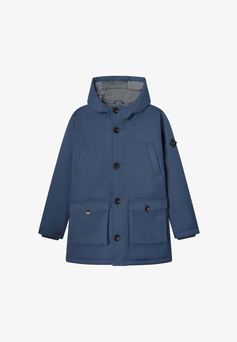 Mørk blå, vanntett parka-jakke med hette, frontknapper, to sidelommer og en jevnt tekstur. Har kontrasterende innvendig fôr.