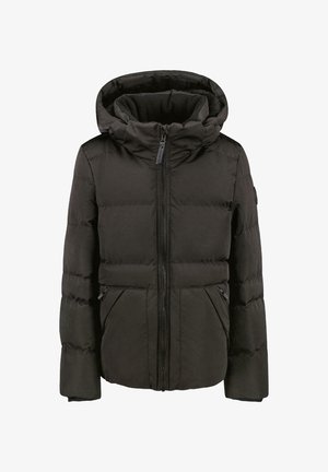 Zwarte gewatteerde jas met een capuchon, voorzien van een ritssluiting, twee zijzakken en ribgebreide manchetten; glad, geïsoleerd materiaal met een gestikt ontwerp.