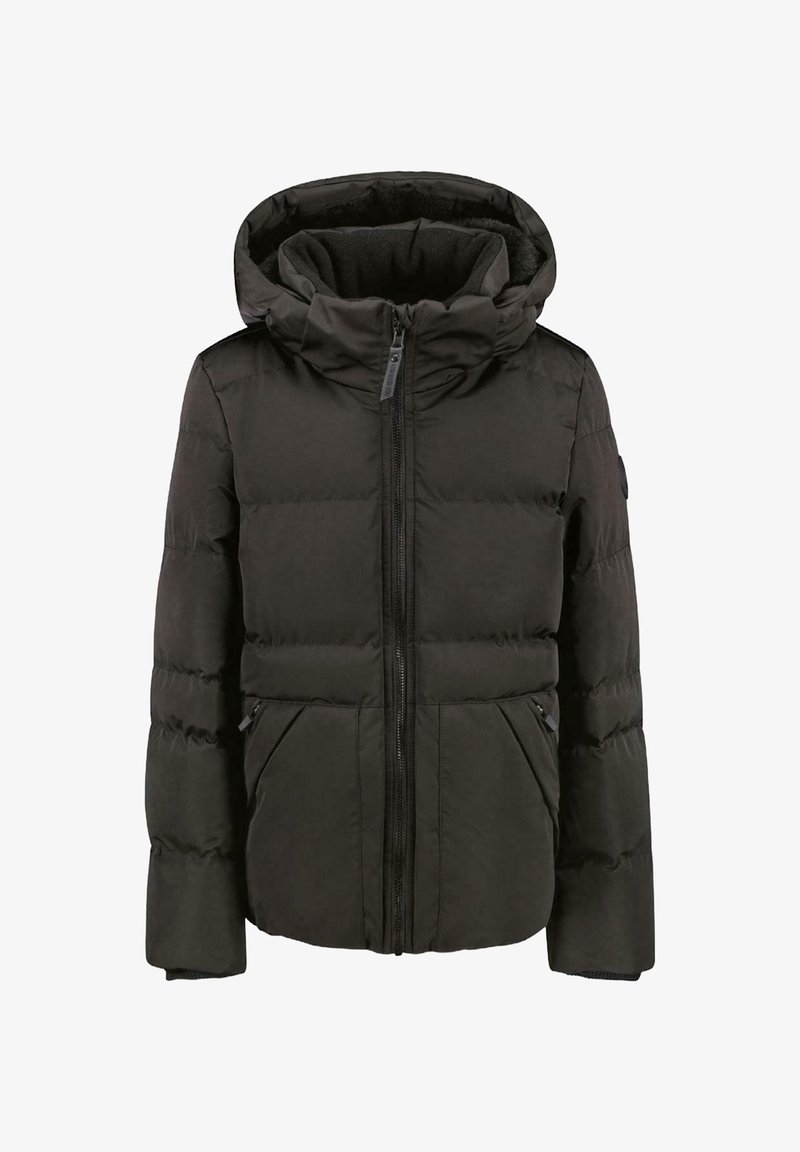 Zwarte gewatteerde jas met een capuchon, voorzien van een ritssluiting, twee zijzakken en ribgebreide manchetten; glad, geïsoleerd materiaal met een gestikt ontwerp.