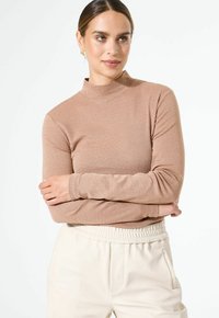 Langärmliges Oberteil mit hohem Kragen in staubigem Rosenholz mit einem subtilen Schimmer und strukturiertem Muster, kombiniert mit hellbeigen Hose mit elastischem Bund.