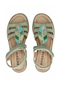 Grüne Sandalen mit einer blattförmigen, mehrfarbigen Perlendekoration, offener Zehenpartie, Riemen-Design und einer gepolsterten Innensohle.