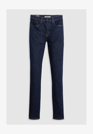 Dark blue jeans made of denim, featuring a slim fit, five pockets, yellow stitching, and a zip fly with a button closure.