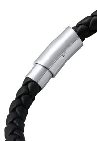 Black braided leather bracelet featuring a shiny silver cylindrical clasp stamped with "925." The materials create a contrasting texture.