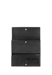 Črno usnjeno denarnico z gladko teksturo, ki ima več prostorov za kartice, žep na zadrgo in zapiranje na gumb. Logotip vtisnjen znotraj.