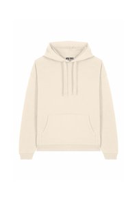Felpa beige con cappuccio realizzata in tessuto morbido. Presenta una tasca a marsupio e polsini a costine. Design semplice senza fantasie o accenti.