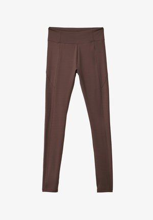 Leggings a vita alta marroni con cuciture piatte e cuciture a pannello laterale mostrati su sfondo bianco.