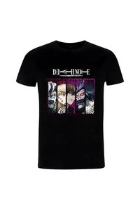 Černé tričko s grafickou potiskem čtyř postav ze série, barevným pozadím a textem nad nimi.