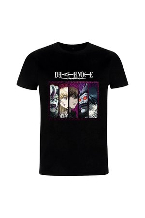 Zwart T-shirt met een grafische afbeelding van vier personages uit een serie, met een kleurrijke achtergrond en tekst boven hen.