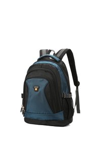 Sac à dos noir et bleu en tissu durable, doté de plusieurs compartiments zippés, de bretelles rembourrées et d'une poche latérale en mesh.