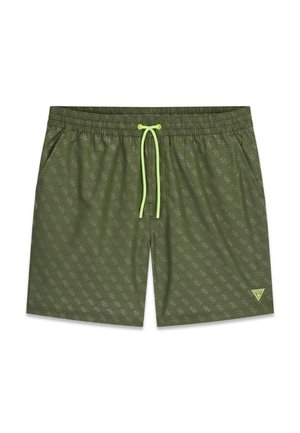 Olijfgroene zwemshorts met lichtgroene aantrekkoord, subtiel herhaald logopatroon, zijzakken en klein driehoekig merklogo op het linkerbeen.