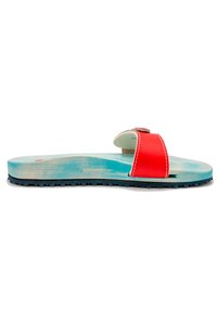 Red slide sandal with a wide strap. Footbed features a blue-green hue, flat sole, and textured black rubber outsole for grip.