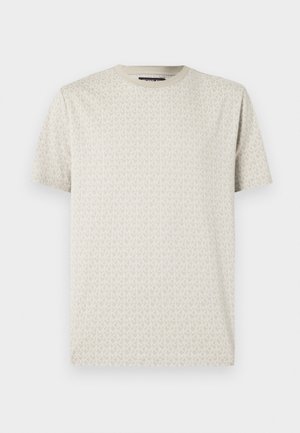 Lichtbeige T-shirt met een subtiel all-over patroon van ineengestrengelde letters. Gemaakt van zachte stof met een ronde hals en korte mouwen.