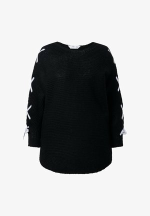 Pull en tricot noir avec des détails en dentelle entrecroisés et des rubans blancs sur les manches, et des nœuds attachés près des poignets.