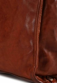 Borsa in pelle marrone con una texture liscia e lucida. Presenta cuciture visibili e una forma arrotondata, che mette in risalto una tonalità ricca e calda.