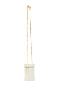 Borsa mini bianca trapuntata con tracolla in catena dorata, chiusura a zip, tirazip con nappina decorativa e superficie liscia. Forma compatta e cilindrica.