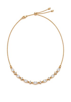 Bracelet délicat en chaîne d'or avec fermoir réglable, présentant des pierres précieuses claires alternées en marquise et rondes au centre.