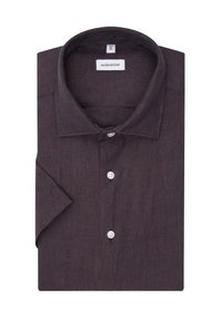 Donkerpaars kortemouwen shirt van lichtgewicht stof, met een spread-kraag, vijf witte knopen en een klein merkembleem aan de binnenkant van de kraag.