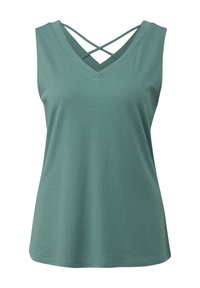 Top verde senza maniche con scollo a V e spalline incrociate sul retro. Realizzato in tessuto morbido e liscio con una vestibilità comoda.