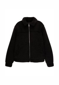 Veste en polaire noire avec un col, fermeture éclair à l'avant et deux poches latérales. Elle présente un tissu texturé et une coupe décontractée.