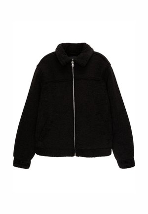 Schwarze Fleecejacke mit Kragen, durchgehendem Reißverschluss und zwei seitlichen Taschen. Verfügt über einen strukturierten Stoff und eine lockere Passform.