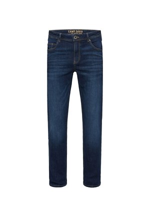 Dunkelblaue Denim-Jeans mit geradem Schnitt, fünf Taschen, sichtbaren Nähten und einem Knopfverschluss. Das Label am Bund trägt die Aufschrift "CAMP DAVID."