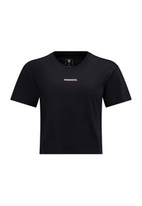 Camiseta de algodón negra con mangas cortas, cuello redondo y un logo frontal en blanco, con un corte relajado y una textura suave.