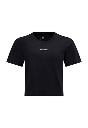 T-shirt nera in cotone con maniche corte, colletto rotondo e logo frontale bianco, caratterizzata da una vestibilità rilassata e una texture liscia.