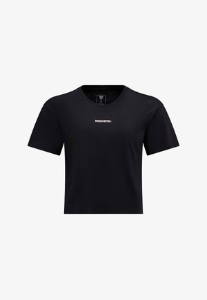 Sort bomulds t-shirt med korte ærmer, rund hals og et frontlogo i hvidt, der har en afslappet pasform og en glat tekstur.