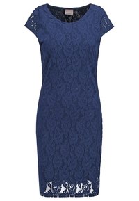 Robe en dentelle bleu marine mi-longue, avec manches courtes et motif floral, col rond, silhouette ajustée.