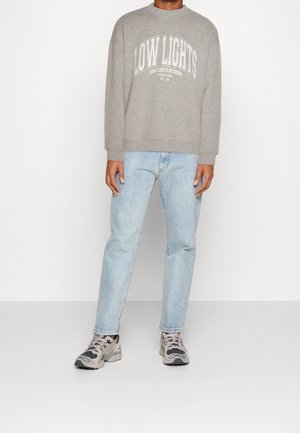 Sudadera gris con gráfico de "LOW LIGHTS", combinada con jeans de mezclilla azul claro y zapatillas deportivas multicolores. Diseño y ajuste casual.