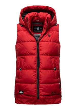 Punane pehme vooderdusega vest kapuutsiga, tikandiga tekstuur, lukuga sulgemine ja kaks esikotti. Sisse on õmmeldud logo rinnal ja brändi silt.