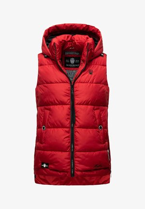 Punane pehme vooderdusega vest kapuutsiga, tikandiga tekstuur, lukuga sulgemine ja kaks esikotti. Sisse on õmmeldud logo rinnal ja brändi silt.