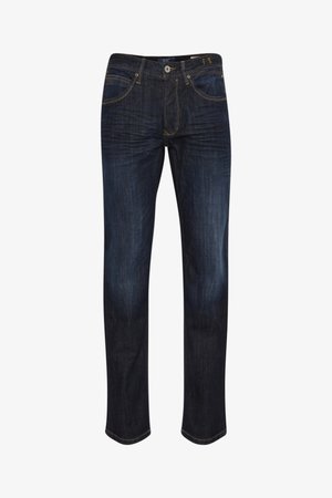 Tumedast sinine denimist teksapüks, sirge jala disainiga, esikottide, kontrastse kollase õmbluse ja lukuga värvliga.