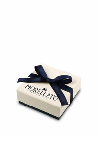 Scatola regalo in carta testurizzata color crema con un nastro di raso blu navy. Presenta il logo "MORELLATO VENEZIA 1930" sul coperchio. Forma quadrata.