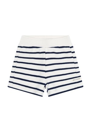 Granatowo-białe pasiasta szorty z miękkiego materiału, elastycznym pasem i małym logo przy dolnym brzegu. Charakteryzują się casualowym stylem.