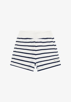 Pantaloncini a righe blu navy e bianche realizzati in tessuto morbido, con vita elasticizzata e piccolo logo sull'orlo inferiore. Presentano un design casual.