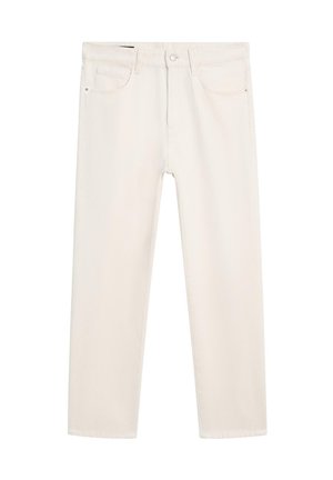 Pantalon en denim beige clair à coupe droite, doté de cinq poches, d'une fermeture par bouton et de détails de couture subtils.
