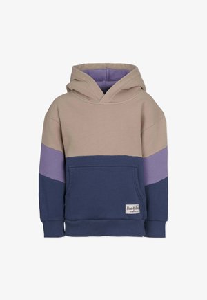 Hættejakke med en beige topdel, lilla midterdel og marineblå bund. Har en frontlomme og et mærke tæt på kanten.