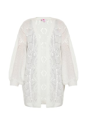 Cardigan alb cu mânecă lungă, fabricat din țesătură tricotată. Are un front deschis, modele intricate și un finisaj texturat.