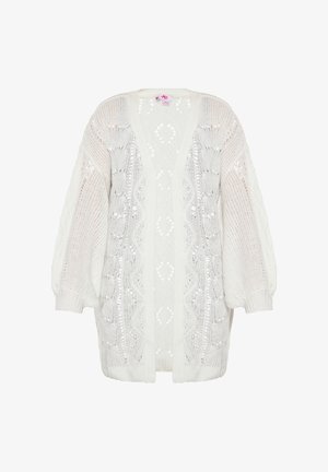 Cardigan alb cu mânecă lungă, fabricat din țesătură tricotată. Are un front deschis, modele intricate și un finisaj texturat.